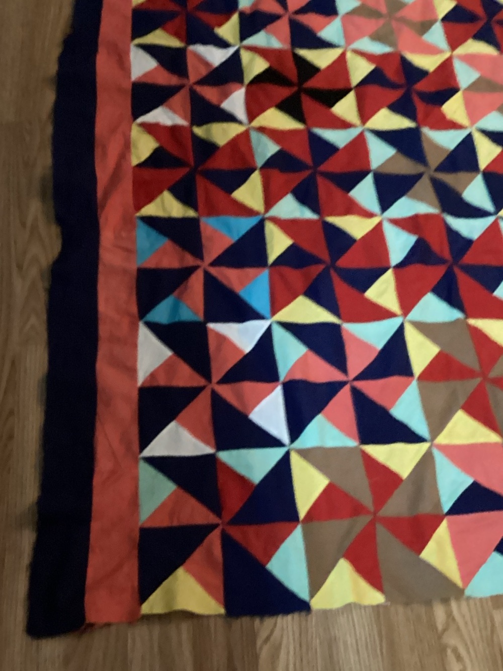 Vibrant Geometric Pinwheel handmade unfinished Quilt in Red, Navy & Yellow - Picture 2 of 4